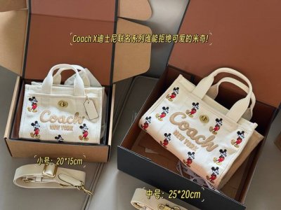 配盒 Size：20*15Cm 小 25*20Cm 中 C家 Cargo Tote 托特包真的很难抵挡 Coach和米奇的联名太会了，帆布材质超有质感，黑白两色