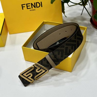 Fendi 芬迪 专柜同款 双环正反用腰带 Ff按钉搭扣 棕色cuoio Romano皮革材质 反面面料带有烟草黄和黑色ff图案 黑色珐琅金属饰面 时尚经典 百