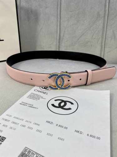 特 宽度3.0Cm Chanel 香奈儿 女士腰带皮带新款柔软的进口小牛皮金 银色方钻金属钢扣。