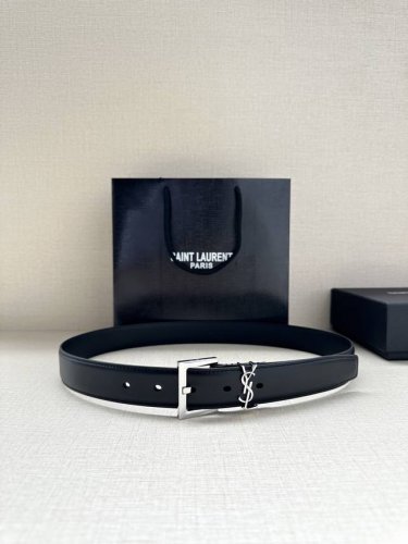 特 宽度3.0Cm Saint Laurent圣罗兰Ysl Monogram爆款粒面皮带搭配方扣窄腰带黑色女款