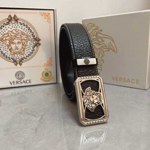 品名：Versace.范思哲 材质：原单牛皮腰带 百分百头层牛皮腰带保证真皮，24K纯钢扣，专柜原单品质、做工精细，时尚大牌，送人自用首选 包装： 请认准如图专