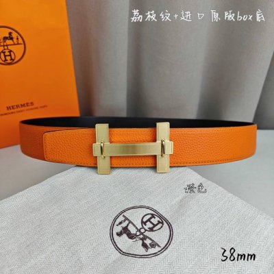 特 Herm 爱马仕 双头尖 双面原版 原单品质 进口头层牛皮 橙色荔枝纹搭配黑色平纹 寸半38Mm 配H官网新款拉丝金 银 黑扣
