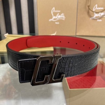 特 3.5宽christian Louboutin 男士ricky标志性徽标搭扣黑色腰带红色底，双面牛皮。