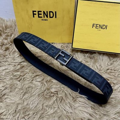 Fendi 芬迪 全套包装 专柜同款 宽4.0Cm 双环正反用腰带 Ff按钉搭扣 黑色Cuoio Romano皮革材质 反面面料带有烟草黄和黑色Ff图案 四方金