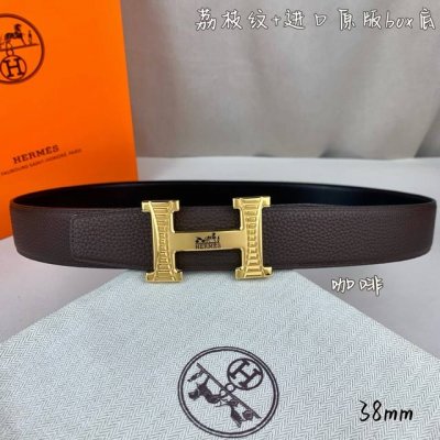 HermèS爱马仕 双头尖 双面原版 原单品质 进口头层牛皮 咖啡色荔枝纹搭配黑色平纹 寸半38Mm 配优质纯钢H 花纹金 银扣