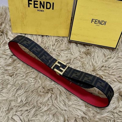 Fendi 芬迪 全套包装 专柜同款 宽4.0Cm 双环正反用腰带 Ff按钉搭扣 黑色Cuoio Romano皮革材质 反面面料带有烟草黄和黑色Ff图案 四方金