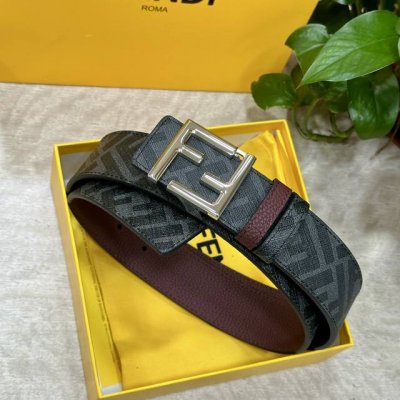 Fendi 芬迪 专柜同款 宽4.0Cm 双环正反用腰带 Ff按钉搭扣 酒红色Cuoio Romano皮革材质 反面面料带有烟草黄和黑色Ff图案 四方金属饰面