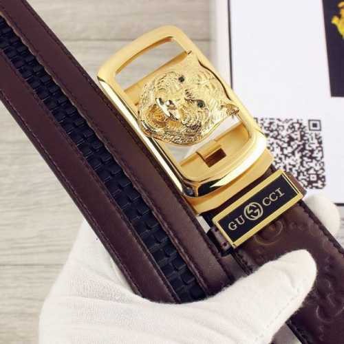 品名：古奇.Gu Cci自动扣 型号：认准如图专柜包装，赠送打孔器 材料：百分百头层牛皮皮带，保证真皮自动扣系列，24K纯钢扣老虎系列背面采用齿式设计，耐用舒适