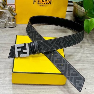 Fendi 芬迪 专柜同款 宽4.0Cm 双环正反用腰带 Ff按钉搭扣 双色cuoio Romano皮革材质 反面面料带有烟草黄和黑色ff图案 黑色珐琅金属饰面