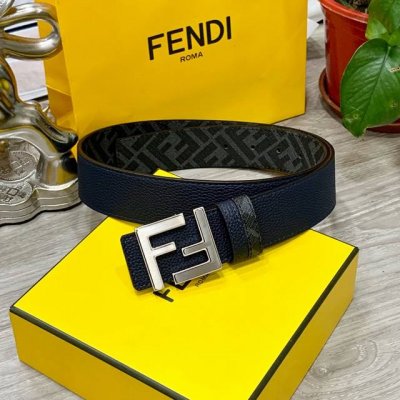 Fendi芬迪专柜同款 宽4.0Cm 双环正反用腰带 Ff按钉搭扣 Cuoio Romano皮革材质 反面面料带有烟草黄和黑色Ff图案 黑色珐琅金属饰面 时尚经