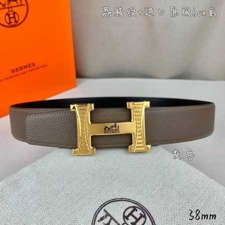 HermèS爱马仕 双头尖 双面原版 原单品质 进口头层牛皮 灰色荔枝纹搭配黑色平纹 寸半38Mm 配优质纯钢H 花纹金 银扣 - 点击图像关闭