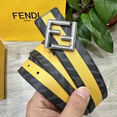 图片包装＋10 Fendi 芬迪 专柜同款 宽4.0Cm 双环正反用腰带 F按钉搭扣 黑色Cuoio Romano皮革材质 反面面料带有烟草黄和黑色Ff图案 黑