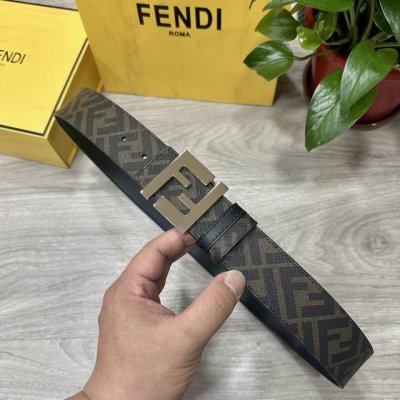 图片包装 Fendi 芬迪 专柜同款 宽4.0Cm 双环正反用腰带 Ff按钉搭扣 黑色Cuoio Romano皮革材质 反面面料带有烟草黄和黑色Ff图案 黑色珐