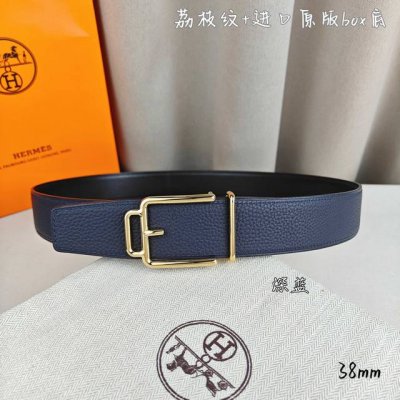 Hermè 爱马仕 双头尖 双面原版 原单品质 进口头层牛皮 深蓝色荔枝纹搭配黑色平纹 寸半38Mm 配H官网新款金 银 黑扣