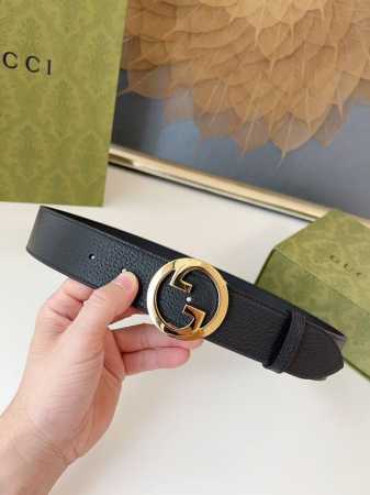 Gucci 新品圆形互扣式双G搭扣 宽度4.0Cm 经典猪皮纹男士腰带 - 点击图像关闭