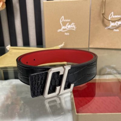 特 3.5宽christian Louboutin 男士ricky标志性徽标搭扣黑色腰带红色底，双面牛皮。