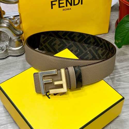 Fendi芬迪专柜同款 宽4.0Cm 双环正反用腰带 Ff按钉搭扣 Cuoio Romano皮革材质 反面面料带有烟草黄和黑色Ff图案 黑色珐琅金属饰面 时尚经