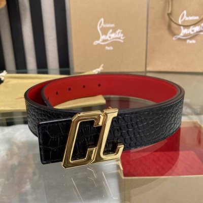 特 3.5宽christian Louboutin 男士ricky标志性徽标搭扣黑色腰带红色底，双面牛皮。