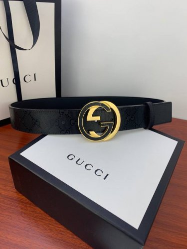 宽度4.0 Cm Gucci Supreme高级人造帆布腰带配以Interlocking G嵌入本色帆布带钢扣 黑色 光亮Gg Supreme高级人造帆布，配以