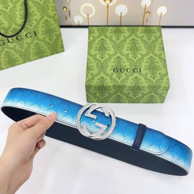 Gucci 古驰 4.0Cm 官网蓝色渐变效果印花，新款双G腰带，渐变印花搭配双G搭扣