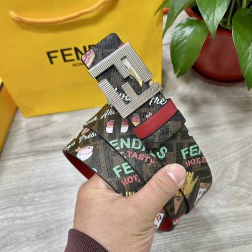 图片包装＋10 Fendi 芬迪 专柜同款 宽4.0Cm 双环正反两面用腰带 Ff按钉搭扣 红色Cuoio Romano皮革材质 反面棕色Ff帆布 饰有拼色Fe