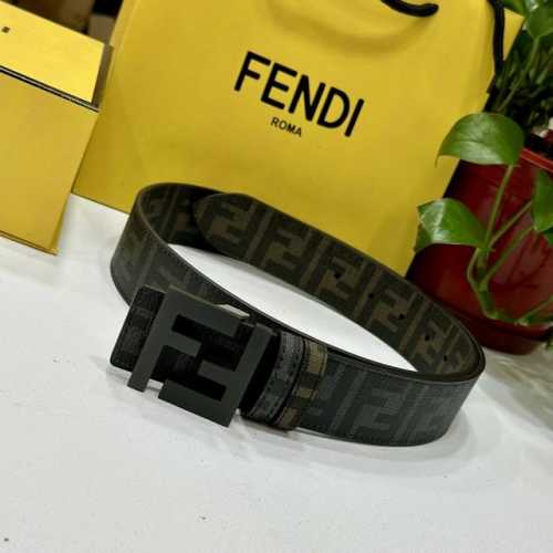 特P170 Fendi（芬迪）专柜同款 宽4.0Cm 双环正Ff按钉搭扣 黑色Cuoio Romano皮革材质 反面面料带有烟草黄和黑色Ff图案 黑色珐琅金属饰
