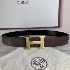 HermèS爱马仕 双头尖 双面原版 原单品质 进口头层牛皮 咖啡色荔枝纹搭配黑色平纹 寸半38Mm 配官网H马拉车雕刻纹亮面金 银扣