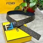 特 Fendi 芬迪 专柜同款 宽4.0Cm 双环正反用腰带 Ff按钉搭扣 兰色cuoio Romano皮革材质 反面面料带有烟草黄和黑色ff图案 四方金属饰面