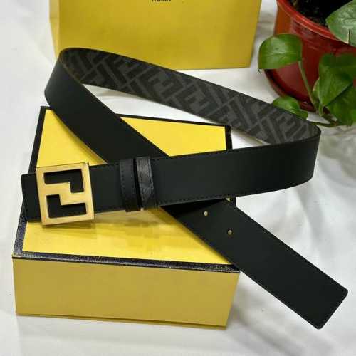 图片包装 Fendi 芬迪 专柜同款 宽4.0Cm 双环正反用腰带 Ff按钉搭扣 黑色Cuoio Romano皮革材质 反面面料带有烟草黄和黑色Ff图案 四方金