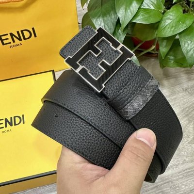 图片包装＋10 Fendi 芬迪 专柜同款 宽4.0Cm 双环正反用腰带 Ff按钉搭扣 黑色Cuoio Romano皮革材质 反面面料带有烟草灰和黑色Ff图案