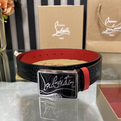 3.8宽christian Louboutin 男士ricky标志性徽标搭扣黑色腰带红色底，双面牛皮。