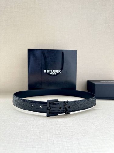 特 宽度3.0Cm Saint Laurent圣罗兰ysl Monogram鳄鱼纹压印皮革方扣窄腰带黑色女款