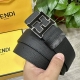 Fendi 芬迪 专柜同款 宽4.0Cm 双环正反用腰带 Ff按钉搭扣 黑色Cuoio Romano皮革材质 反面面料带有烟草灰和黑色Ff图案 四方金属饰面 时