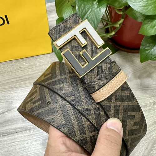 图片包装＋10 Fendi 芬迪 专柜同款 宽4.0Cm 双环正反用腰带 Ff按钉搭扣 土黄色Cuoio Romano皮革材质 反面面料带有烟草黄和黑色Ff图案