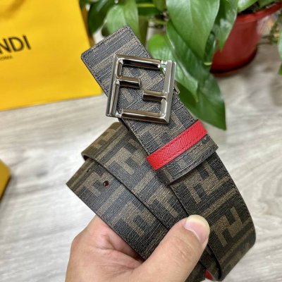 图片包装＋10 Fendi 芬迪 专柜同款 宽4.0Cm 双环正反用腰带 Ff按钉搭扣 红色Cuoio Romano皮革材质 反面面料带有烟草黄和黑色Ff图案