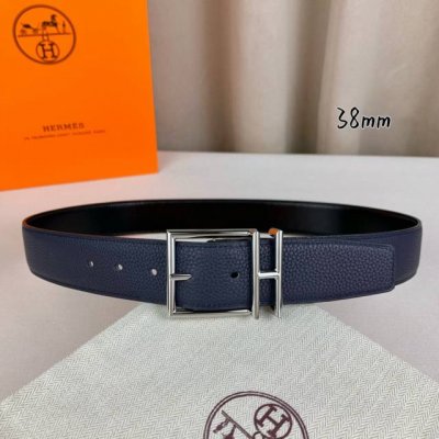 HermèS 爱马仕针扣 原单品质 进口头层牛皮 深蓝色荔枝纹搭配黑色平纹 38Mm宽 双面可用 配官网H亮银 亮金扣