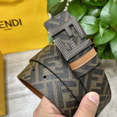 图片包装＋10 Fendi 芬迪 专柜同款 宽4.0Cm 双环正反用腰带 Ff按钉搭扣 土黄色Cuoio Romano皮革材质 反面面料带有烟草黄和黑色Ff图案