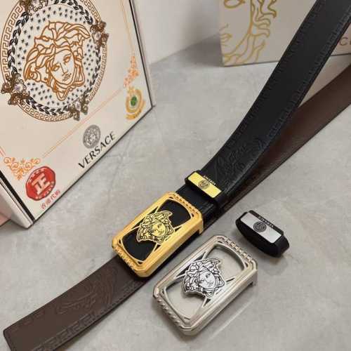 品名：Versace.范思哲 材质：原单牛皮腰带 百分百头层牛皮腰带保证真皮，24K纯钢扣，专柜原单品质、做工精细，时尚大牌，送人自用首选 包装： 请认准如图专