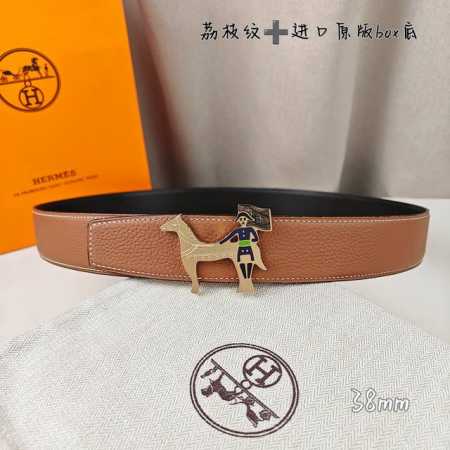 特 HermèS爱马仕 双头尖 双面原版 原单品质 进口头层牛皮 土黄色 荔枝纹搭配黑色平纹 寸半38Mm 配官网新款H金 银扣 - 点击图像关闭
