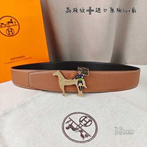 特 HermèS爱马仕 双头尖 双面原版 原单品质 进口头层牛皮 土黄色 荔枝纹搭配黑色平纹 寸半38Mm 配官网新款H金 银扣