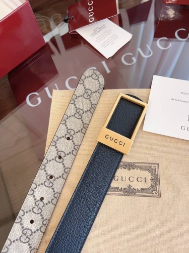 绝美Gucci 方扣男士新款腰帶 專櫃同步 寬3.5厘米 帶身帆布杏老花-拼進口猪皮紋黑色 精緻真空電鍍方型鋼扣 雙面可用