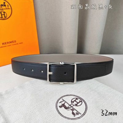 HermèS 爱马仕针扣皮带 原单品质 双面荔枝纹 黑+灰 32Mm宽 双面可用 配官网经典H亮金 亮银扣