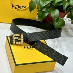 Fendi 芬迪 专柜同款 宽4.0Cm 双环正反用腰带 Ff按钉搭扣 黑色Cuoio Romano皮革材质 反面面料带有烟草黄和黑色Ff图案 四方金属饰面 时