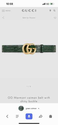 古奇，宽4.0Cm，新款 春夏系列，品牌标志性的双G标识经重新诠释后，以光彩夺目的金色调呈现在这款男士绿色鳄鱼纹腰