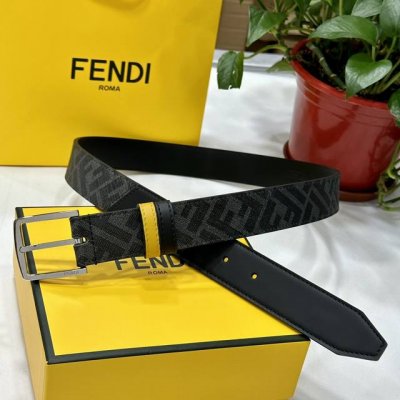 Fendi 芬迪 专柜同款 宽35Mm 双环正反用腰带 Ff按钉搭扣 黑色Cuoio Romano皮革材质 反面面料带有烟草黄和棕色Ff图案 针扣金属饰面 时尚