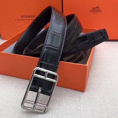 HermèS 爱马仕针扣皮带 原单品质 头层牛皮 黑色鳄鱼纹搭配黑色平纹 32Mm宽 双面可用 配官网H亮银扣