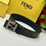 特 Fendi芬迪专柜同款 宽4.0Cm 双环正反用腰带 Ff按钉搭扣 深兰色Cuoio Romano皮革材质 反面面料带有烟草黄和黑色Ff图案 四方金属饰面