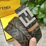 图片包装＋10 Fendi 芬迪 专柜同款 宽4.0Cm 双环正反用腰带 Ff按钉搭扣 土黄色Cuoio Romano皮革材质 反面面料带有烟草黄和黑色Ff图案