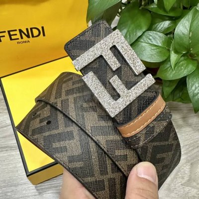 图片包装＋10 Fendi 芬迪 专柜同款 宽4.0Cm 双环正反用腰带 Ff按钉搭扣 土黄色Cuoio Romano皮革材质 反面面料带有烟草黄和黑色Ff图案