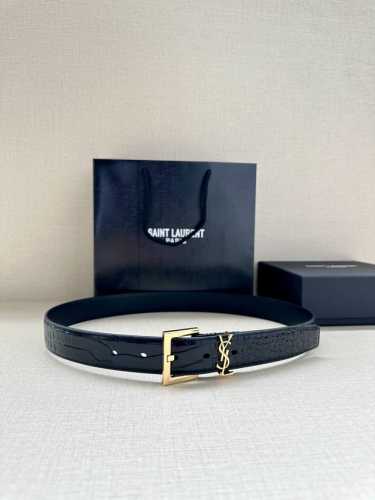 特 宽度3.0Cm Saint Laurent圣罗兰ysl Monogram鳄鱼纹压印皮革方扣窄腰带黑色女款